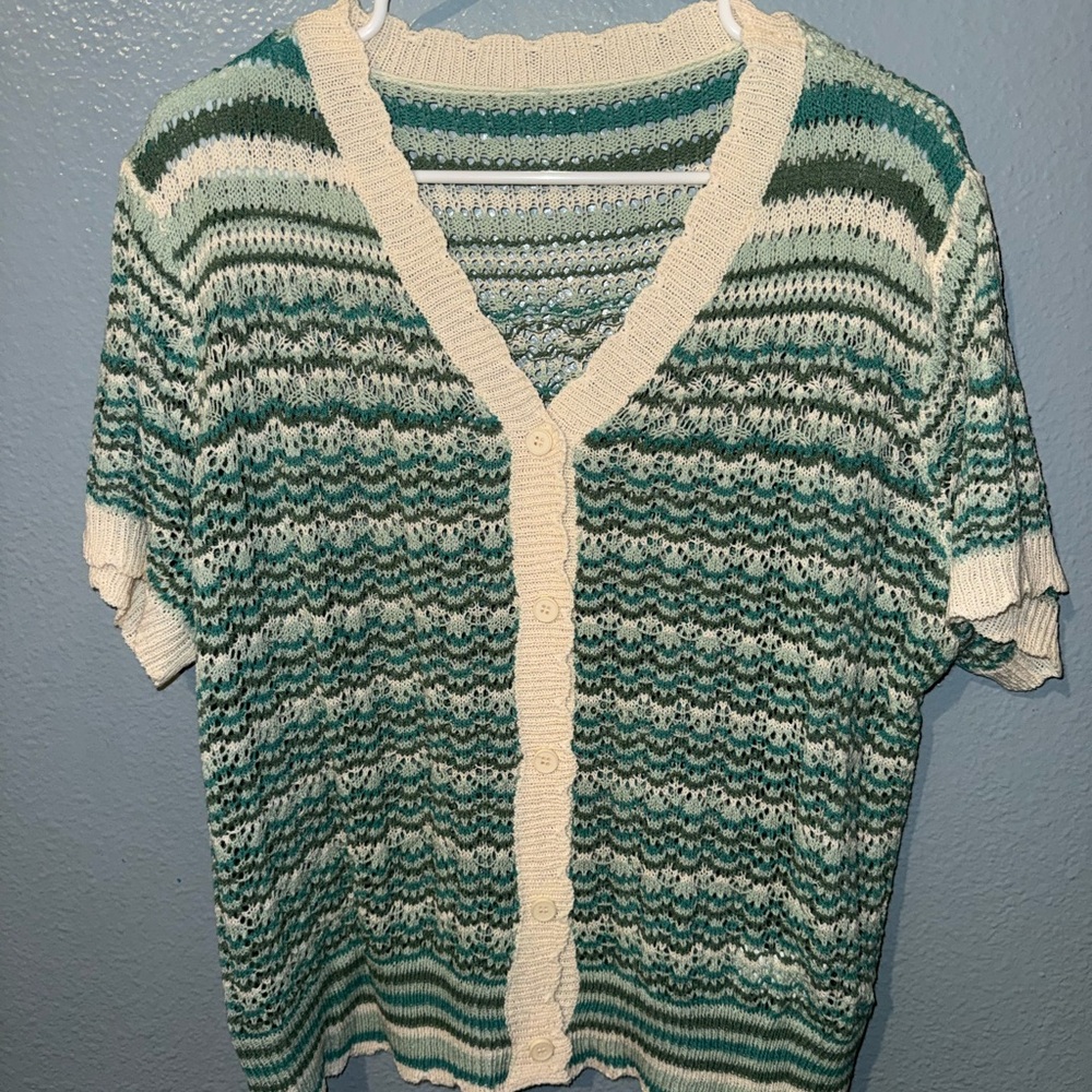 SHEIN Cream & Green Striped Knit Button-Front Cardigan
